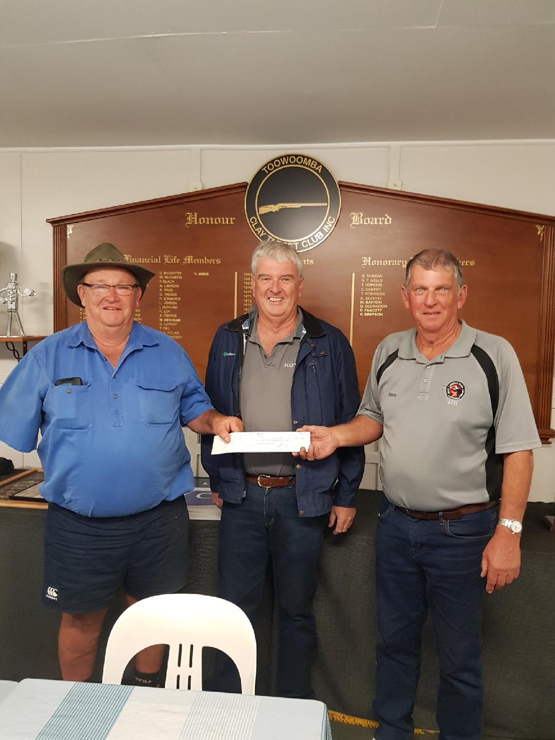 Rick Kennedy, Col Gray and Keith Simpson - Anzac Shoot Cheque to Legacy and Careflight